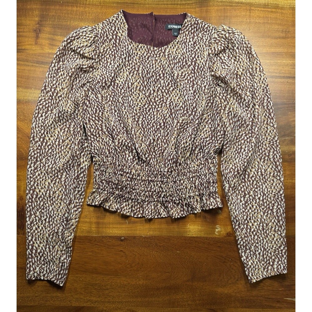 Express Red Printed Smocked Puff-Sleeve Crop Top Women’s Sz XS